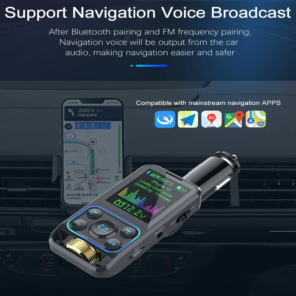 عرض ملون Bluetooth5.3 FM الارسال سيارة لاسلكية 12 فولت-24 فولت FM المغير مشغل Mp3 طقم السيارة يدوي QC3.0 شاحن سيارة