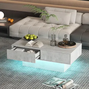 LED Coffee Table with Storage, Rectangular Center Table for Living Room, Modern High Glossy Farmhouse Coffee Table with16 Colors