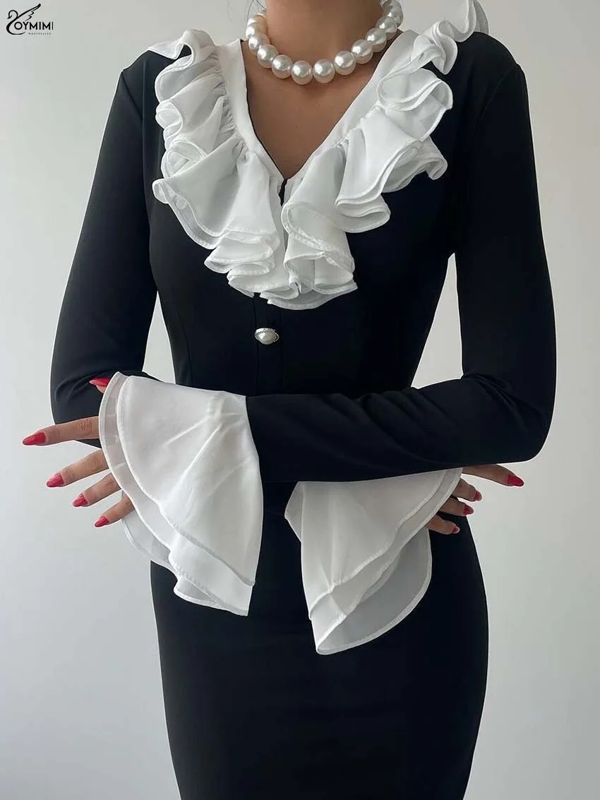 Oymimi Casual Black Patchwork Dresses 2025 Woman Fashion Ruffled Long Sleeve V-Neck Button Dress Elegant Straight Mid-Calf Dress