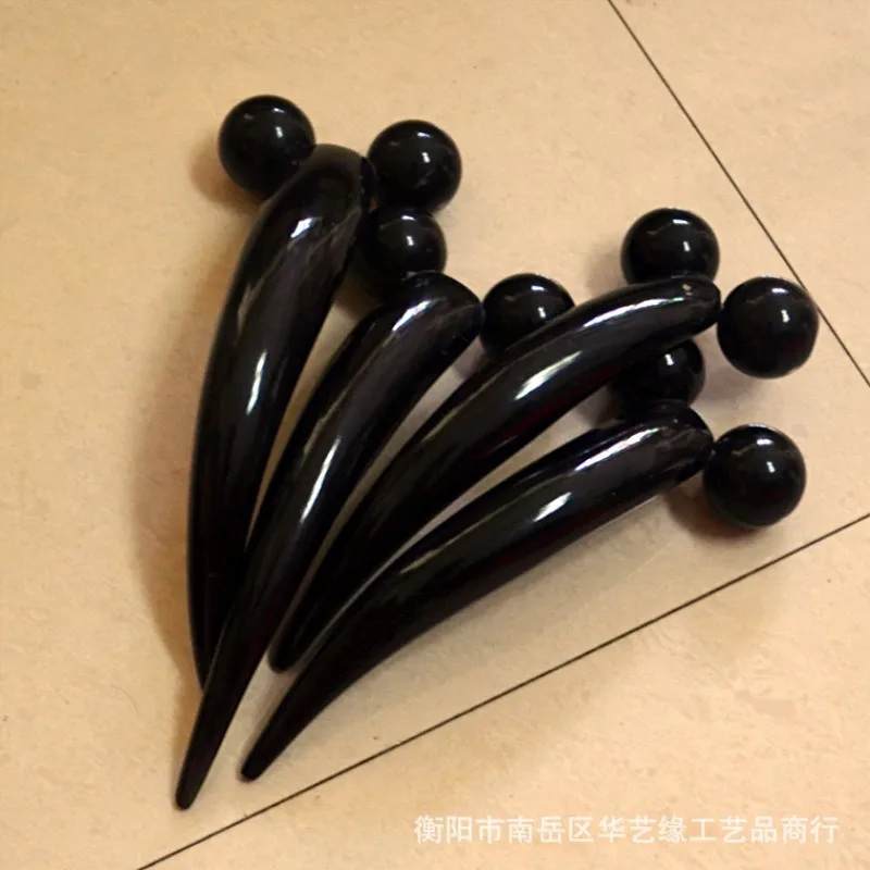 Two-Wheel Handmade Natural Black Buffalo Horn Massager Facial Eye Health Care Massage Stick Point Muscle-Poking Stick