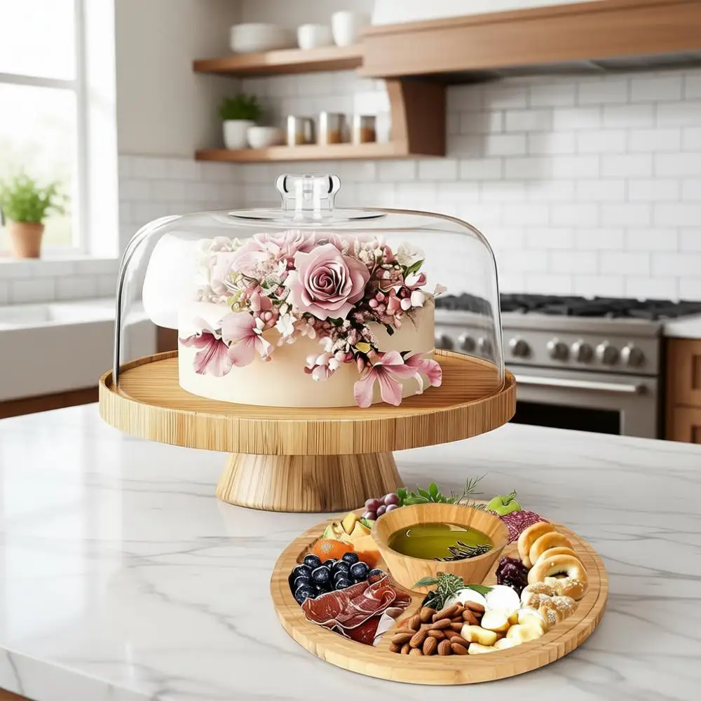 

Подставка для торта 6-в-1 из дерева с куполообразной крышкой — многофункциональный поднос для десертов, салатов и многого другого