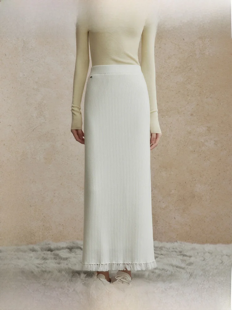 

ZhiZhi Zuidong Mountain Cashmere Fringe Half Skirt Women's Winter Loose Feel Long Leg White A-Line Long Skirt Elegant Style