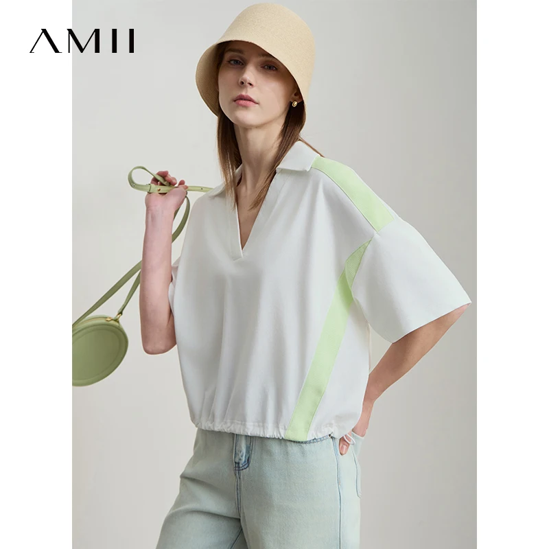 Amii Minimalist Cotton T-Shirts For Women 2025 Summer New V-Neck Pullover Loose Short Shoulder Sleeve Chic Commute Tops 12552001