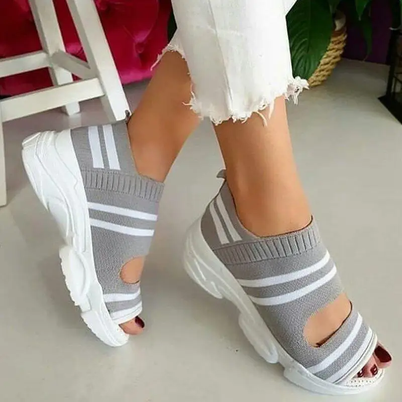 Women Sandals 2023 High Heels Platform Women Shoes Summer Female flats Knitting Slip On Peep Toe casual Women Sandals