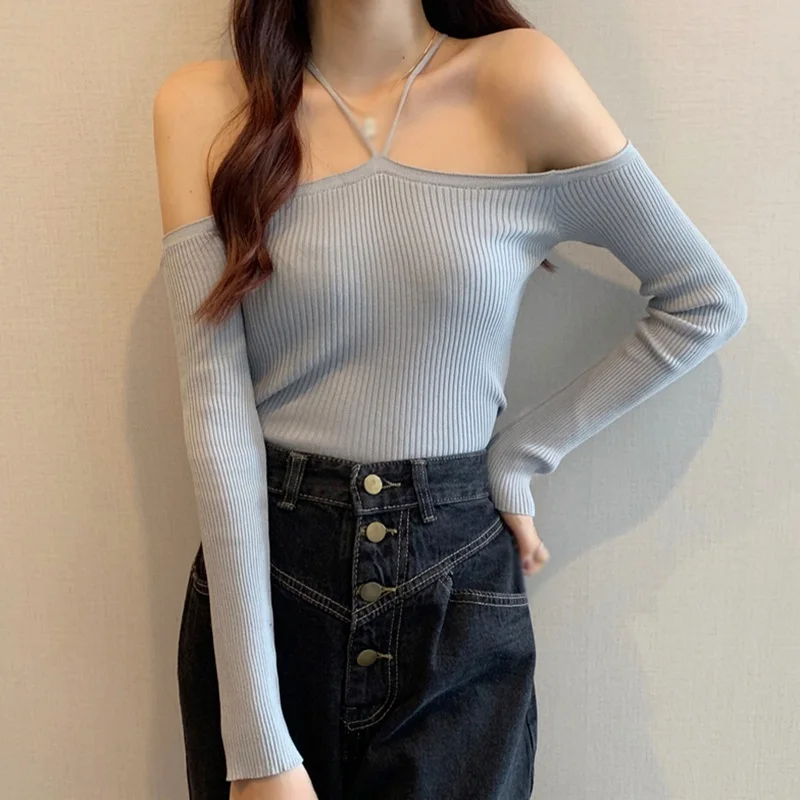 Women\'s Tops Korean Tops Slim Sexy Halter Off Shoulder Solid Color T-shirt