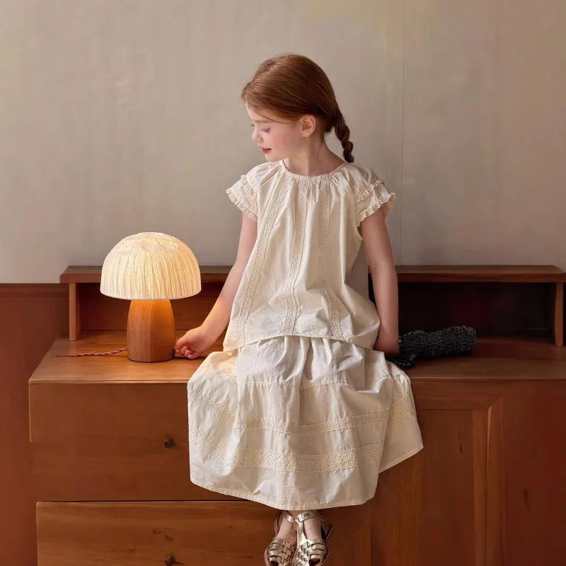 

Girls Suit2026Summer new children's heavy lace doll shirt and baby pure cotton skirt two-piece set