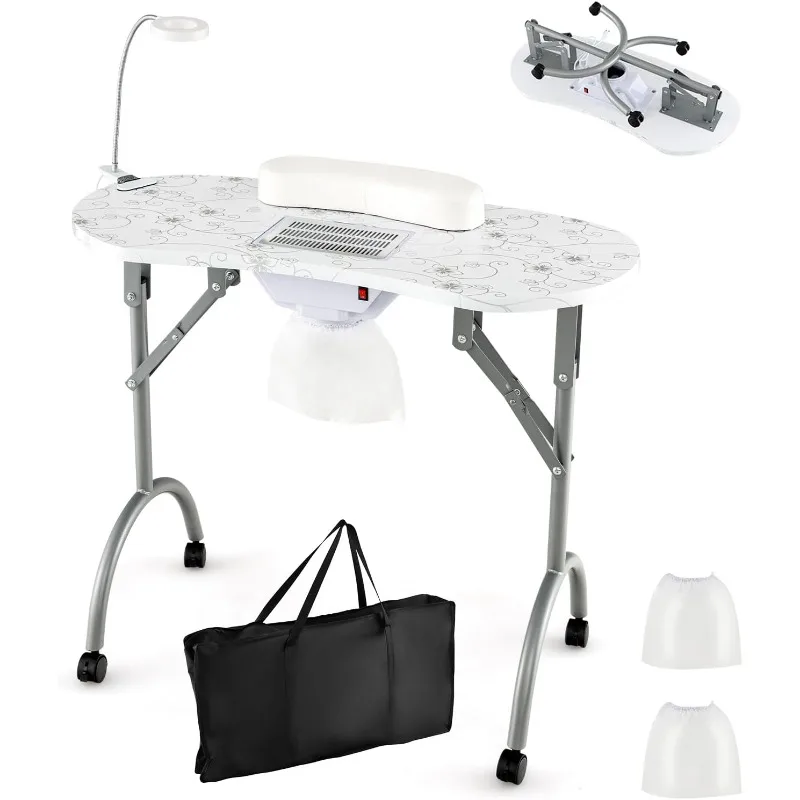 

Portable Nail Table, Foldable Nail Technician Desk w/Electric Dust Collector, Bendable LED Lamp, Removable Armrest Pad