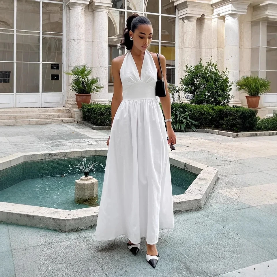 

2026 Spring Summer New Pure Cotton Waist Cinching V Neck Tie Large Swing Halter Neck Long Maxi Dress Women Color Options