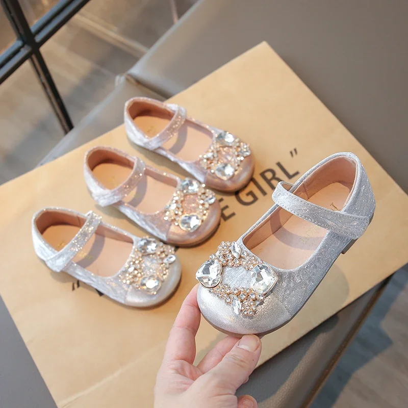 Kids Flat Shoes Shiny Crystal Girls Leather Shoes Round Toes mary jane 2026 New Children Princess Shoes Elegant Sweet Ins Trendy