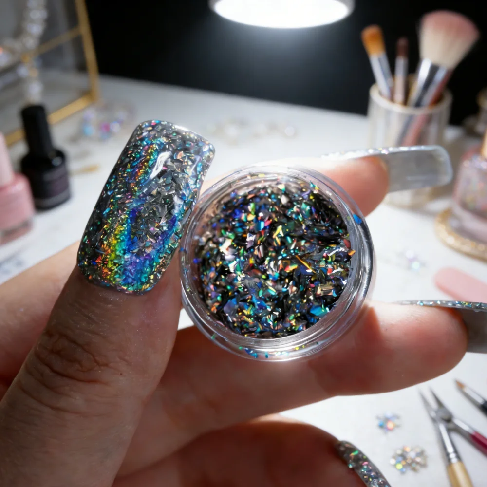1/2Jar Holographic Silver Nail Glitter Flakes - Iridescent Laser Rainbow Shard Nail Sequins Sparkly Aurora Broken Glass Effect12