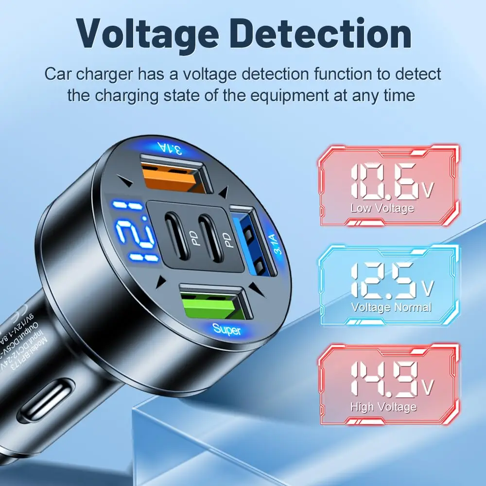 5 In1 USB C Car Charger 100W Fast Charging Adapter PD QC3.0 Voltage Display LED Plug for iPhone Samsung Travel Road Trip 12V 24V