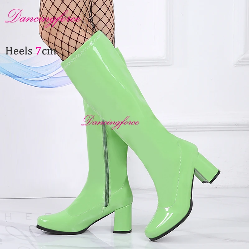 Czerwony Biały Różowy Patent Knee High Boots 60s 70s Go Boots Women Block Heels GoGo Halloween Party Dress Lady Shoes Square Toe