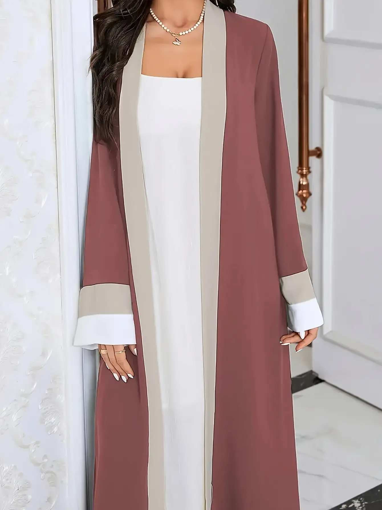 2026 Women's Casual Ramadan Open Front Long Sleeve Dress, Elegant Color Contrasting Slim Fit Extra Long Dress, Women's Wear 1