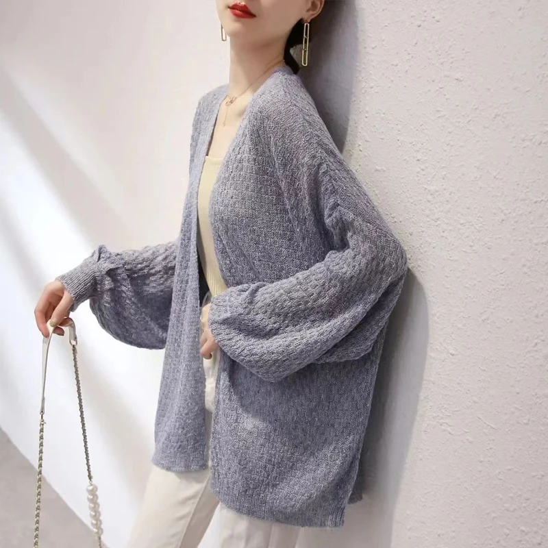 2023 Spring Summer New High Street Solid Color V-neck Lantern Sleeve Cardigan Women Thin Style Loose Cute Sweet All-match Coat