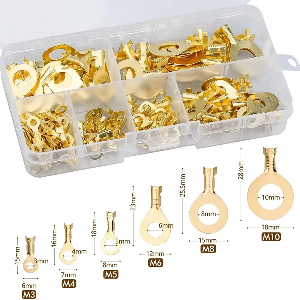 150pcs Boxed Terminal Block Wire Connector M3/M4/M5/M6/M8/M10 O-type Ground Lugs Terminal Cold-Pressed Copper Tab Wiring Nose