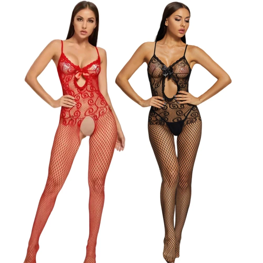 Stretchy Sheer Mesh Full Body Tights For Women Floral Lace Sling Bodystocking Bow Decor Hollow Fishnet Hosiery Night Out Layerin