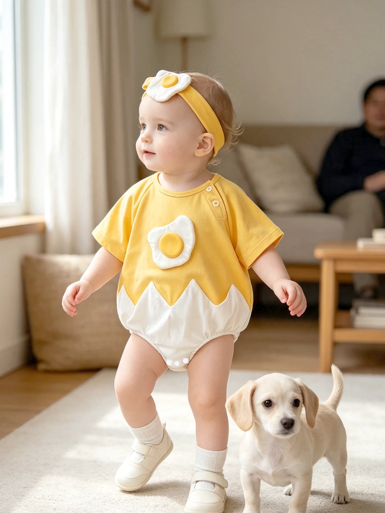 Baby-Strampler mit dreieckigem Schnitt und Fried-Egg-Motiv, passend dazu ein Haarband – ideal für Frühling/Sommer – für Babys von 0–12 Monaten – ein süßes Baby-Outfit für zu Hause. – Detail 10
