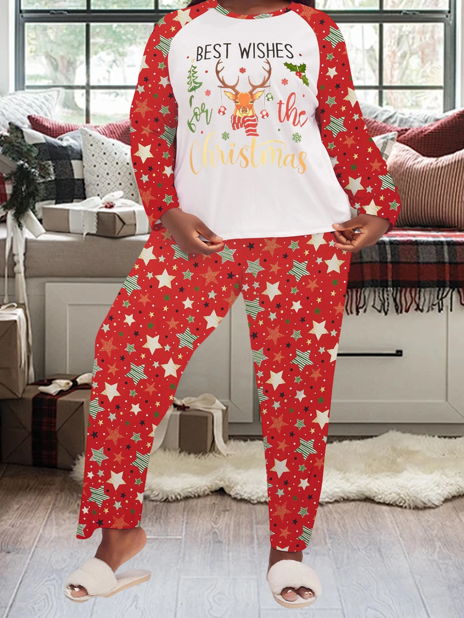 Ensemble pyjama de noël grande taille pour femmes, avec haut à manches longues imprimé flocon de neige et pantalon assorti pour tenue de nuit festive