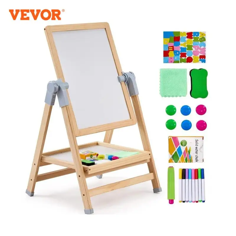 VEVOR Caballete de arte para niños, caballete de madera de doble cara 2 en 1 para niños con pizarra magnética y pizarrón, tablero de dibujo plegable giratorio de pie ajustable con accesorios de pintura para niños y niñ