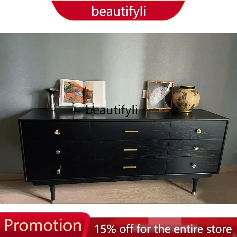 New Medieval industrial style boxwood solid wood metal simple nine bucket side cabinet storage cabinet walnut 4109