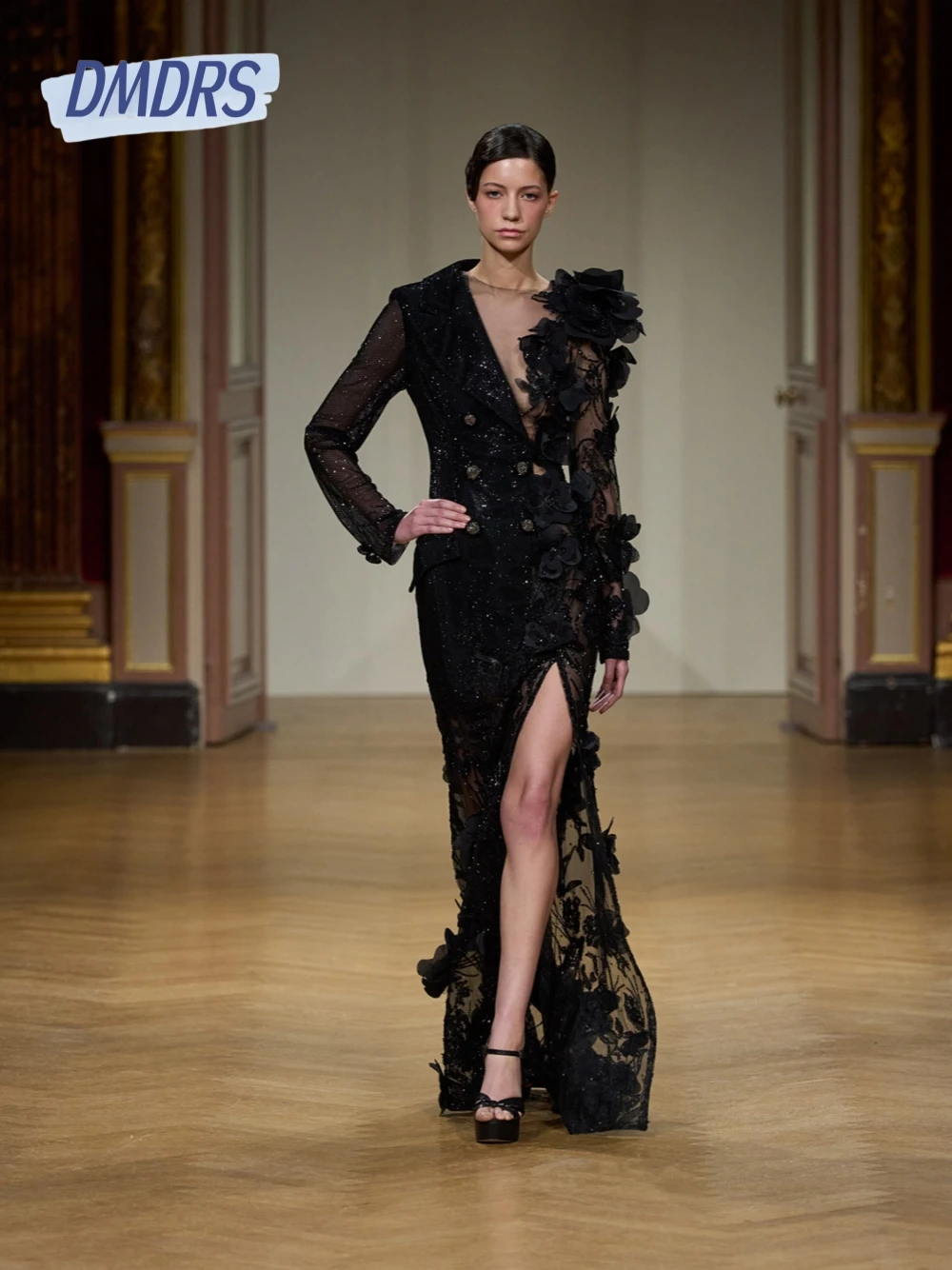 

Black 3D Flowers Straight Evening Dress Fashion Beading Special Occasions Women Customized Sexy Side Slit Long Sleeves Prom Gown