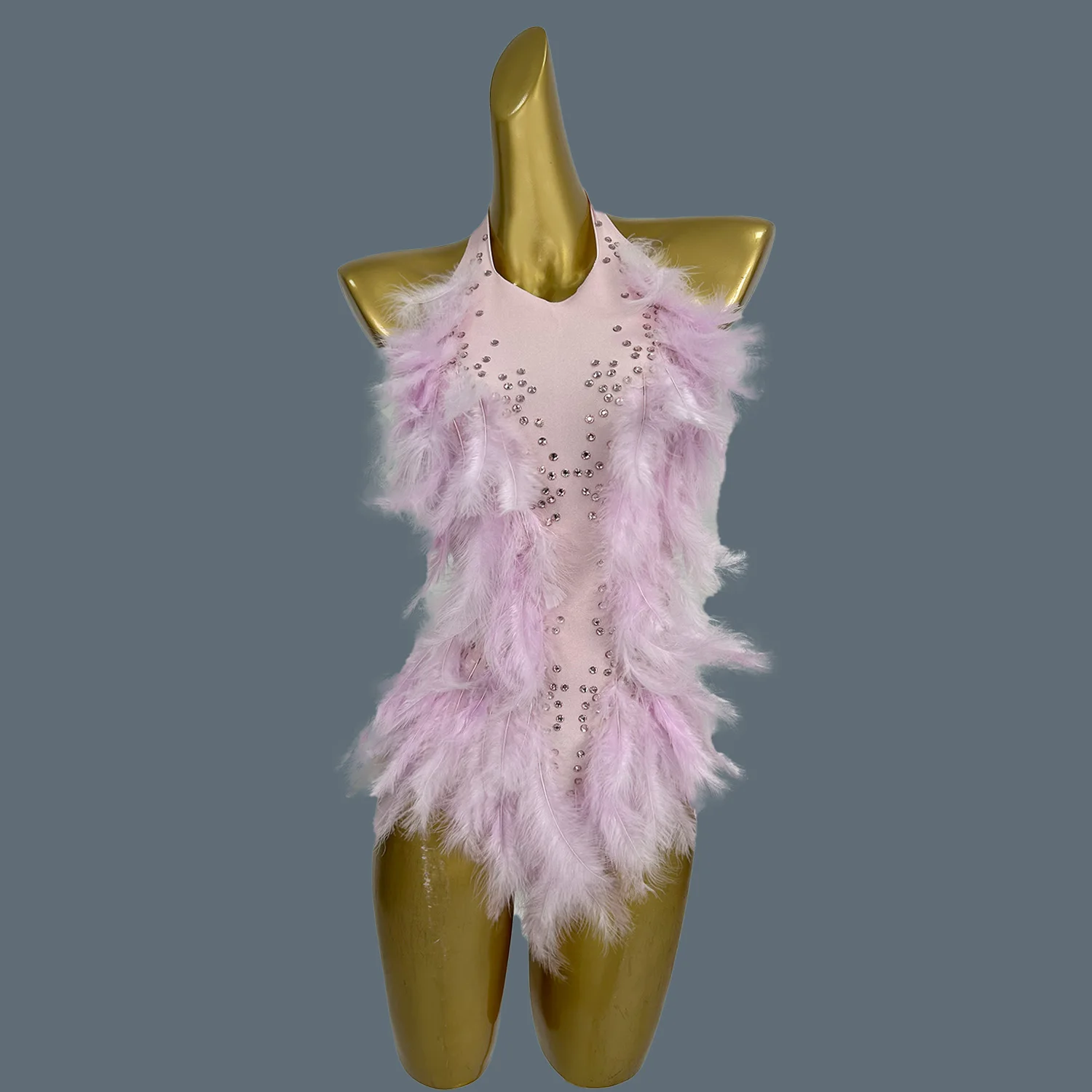 

Nightclub Show Stage Performance Costume Feather Pink Bodysuit Women's Backless Sexy Dance Leotard Dance Troupe Wear liusuyumao