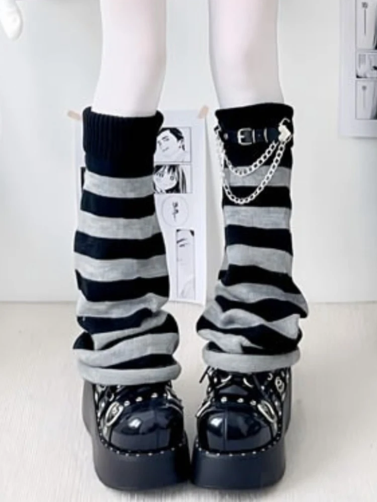 Y2K حار بنات JK ترهل الركبة عالية مكدسة الجوارب النسائية الخريف/الشتاء محبوك واسعة الساق مخطط العجل متوهج الكفة تدفئة الساق #5