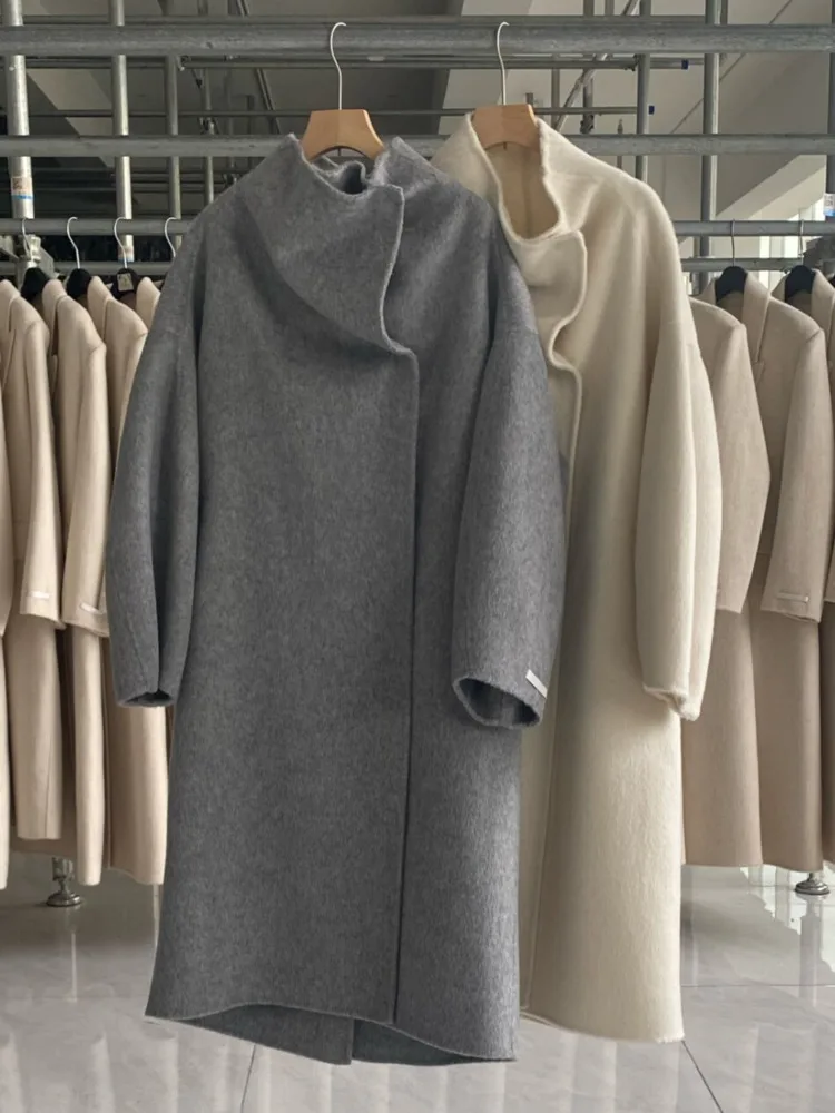 DFDG 2025 F/W معطف كشمير نسائي مخيط يدويًا بياقة مجعدة معطف طويل كبير الحجم تصميم بسيط معطف شتوي خندق #4