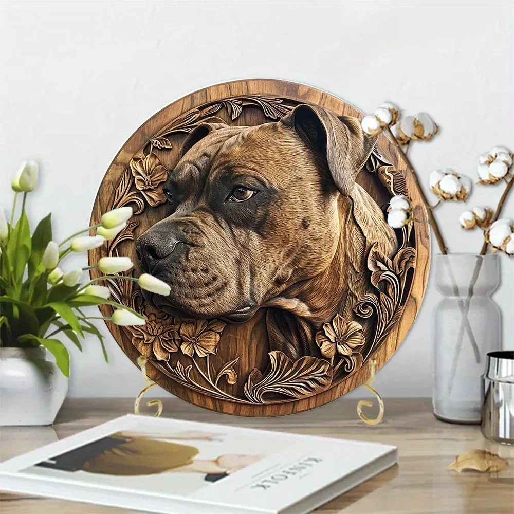 Elegant 8x8” Faux Woodblock Amstaff Themed Circular Wreath Sign - Durable Aluminum Decor for Pet Lovers & Fathers