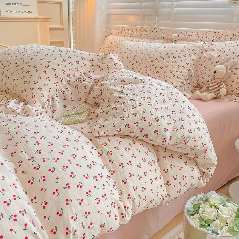 Cute Cherry Duvet Cover and Flat Sheet Lace Pillowcases Ins Girls Floral Beddings Soft Washed Cotton Bedspread for 1.5m 2.0m Bed