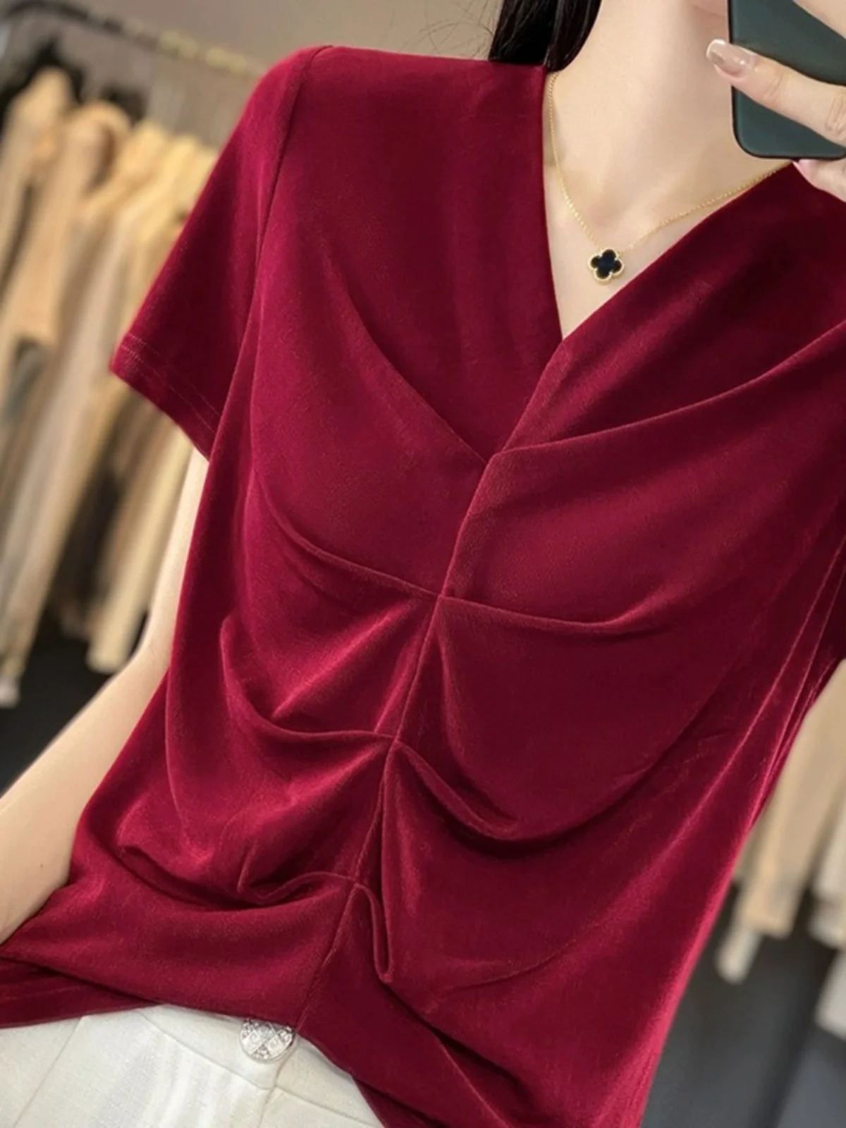

Silk Satin ort Sve T-irt V-Ne Pleated Thin Women's Summer New Sle Commute Korean Sle Pure Color Slimming Base Top