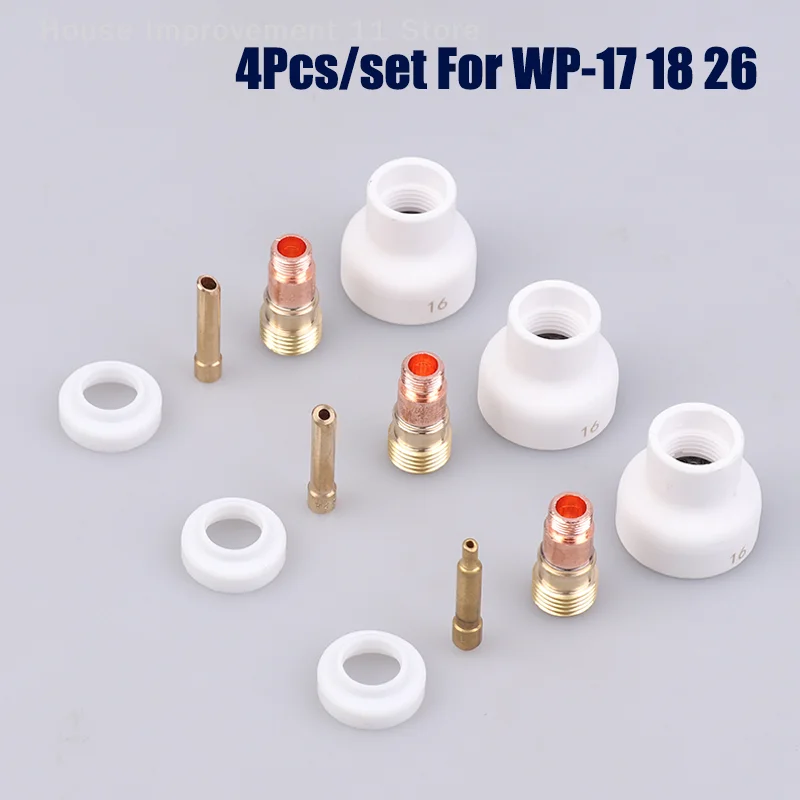 

4Pcs TIG Welding 1.6/2.4/3.2mm White Ceramic Nozzle Alumina Cup Kit Torches WP17 18 26 Stubby Collets Body Gas Lens Set