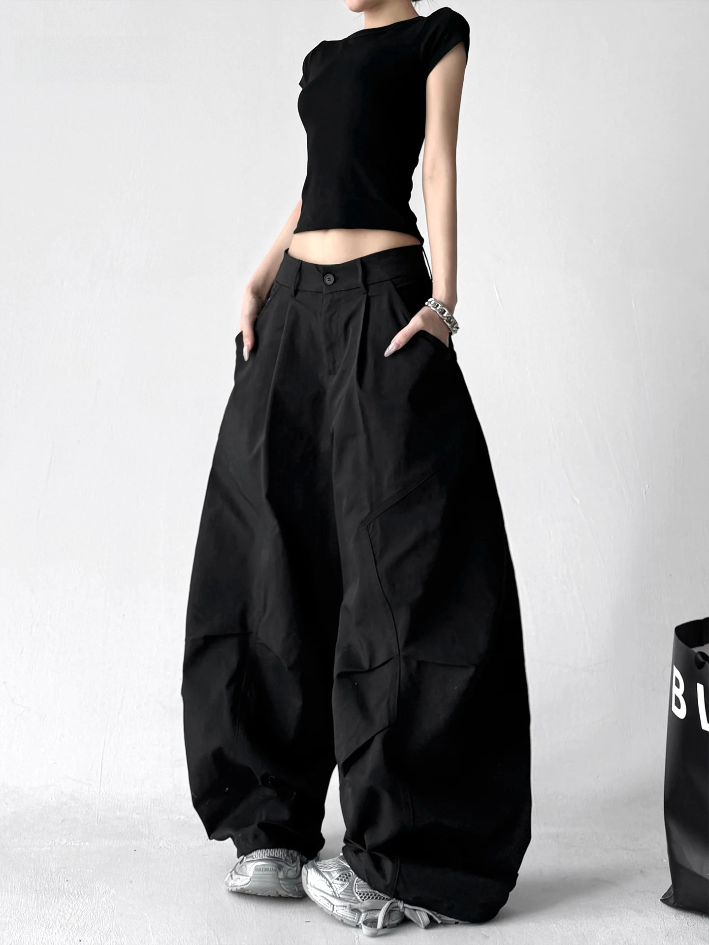 

High Waist Loose Wide Leg Workwear Pants for Women Spring Summer New Sle Long Knife Casual Trousers Bla