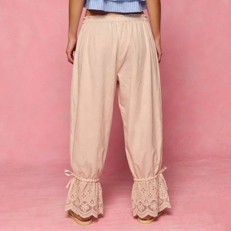 Womens Wide Leg Pants Y2K Lace Trim Hem Long Bloomers Ruffle Hem Pantaloons Pj Bottoms Streetwear
