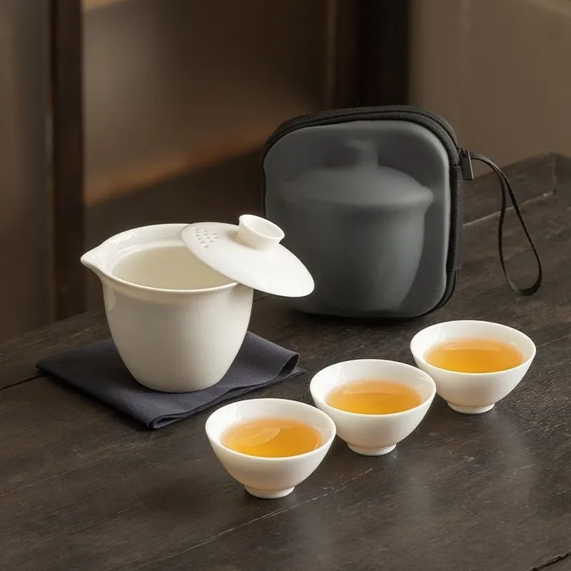 Premium Lard Jade Floating Travel Tea Set Portable Quick Cup for Outdoor Camping, Tea Pot & Cups with Storage Bag, Easy