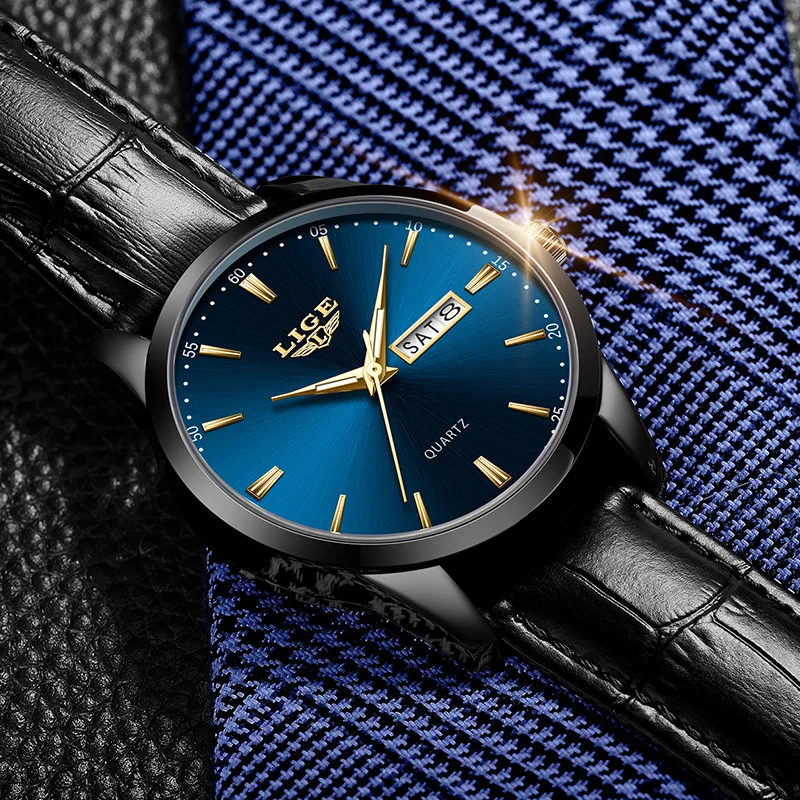LIGE Luxury Man Watch Waterproof Luminous Date Week Leather Watch For Men Sports Men\'s Quartz Wristwatches Male Clock Reloj+Box
