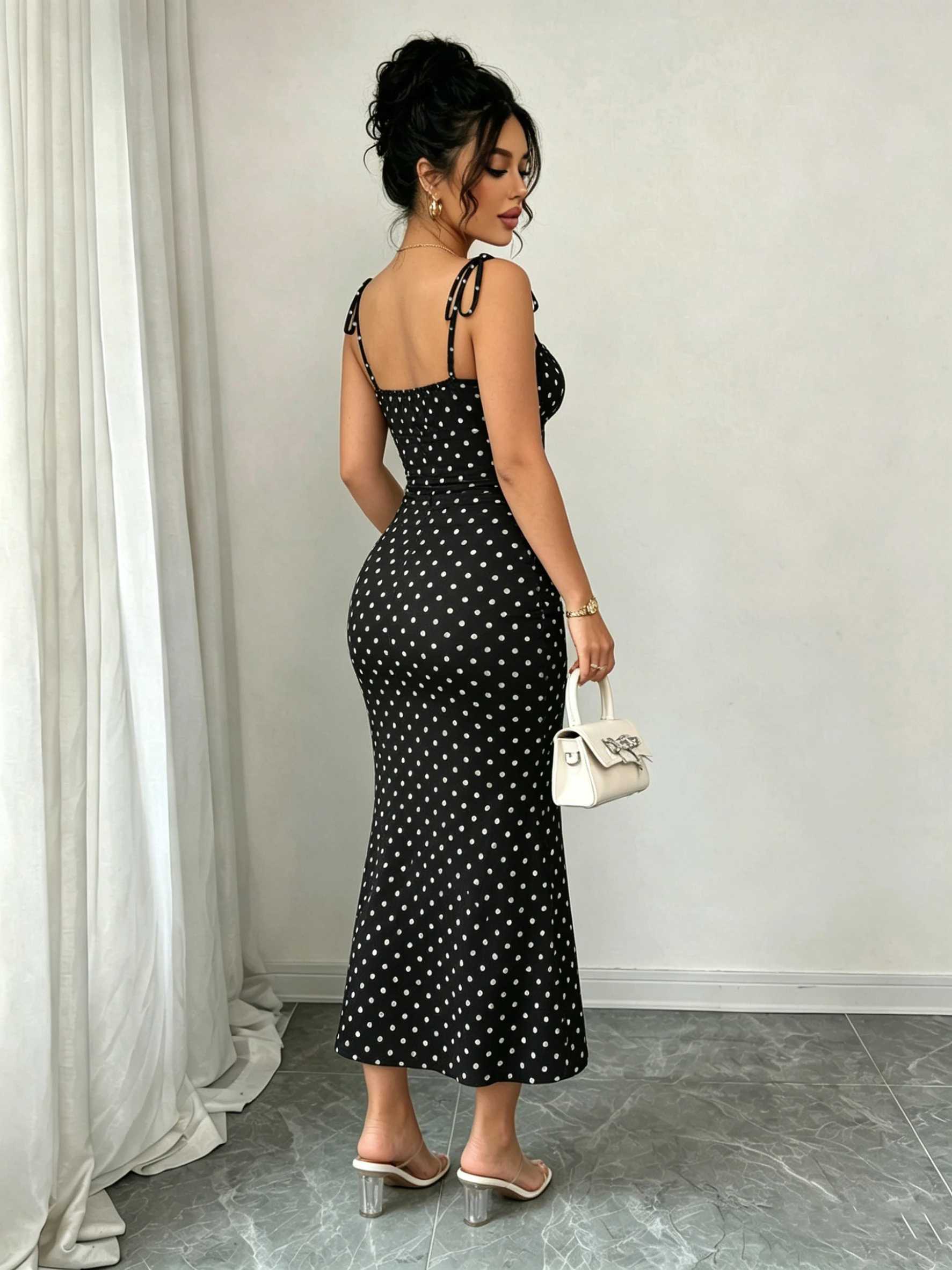 Black and White Polka Dot Bow Mid-Length Dress, Pleated Tight-Fitting Fishtail Dress, Vintage Slim-Fit Fishtail Party Long Dress
