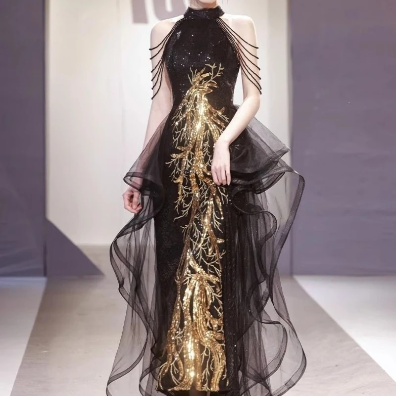 Plus Size Sexy Shiny Sequined Long Evening Dresses Maxi Party Gown Polyester Sleeveless Prom Dress Graduation Night Out Dress