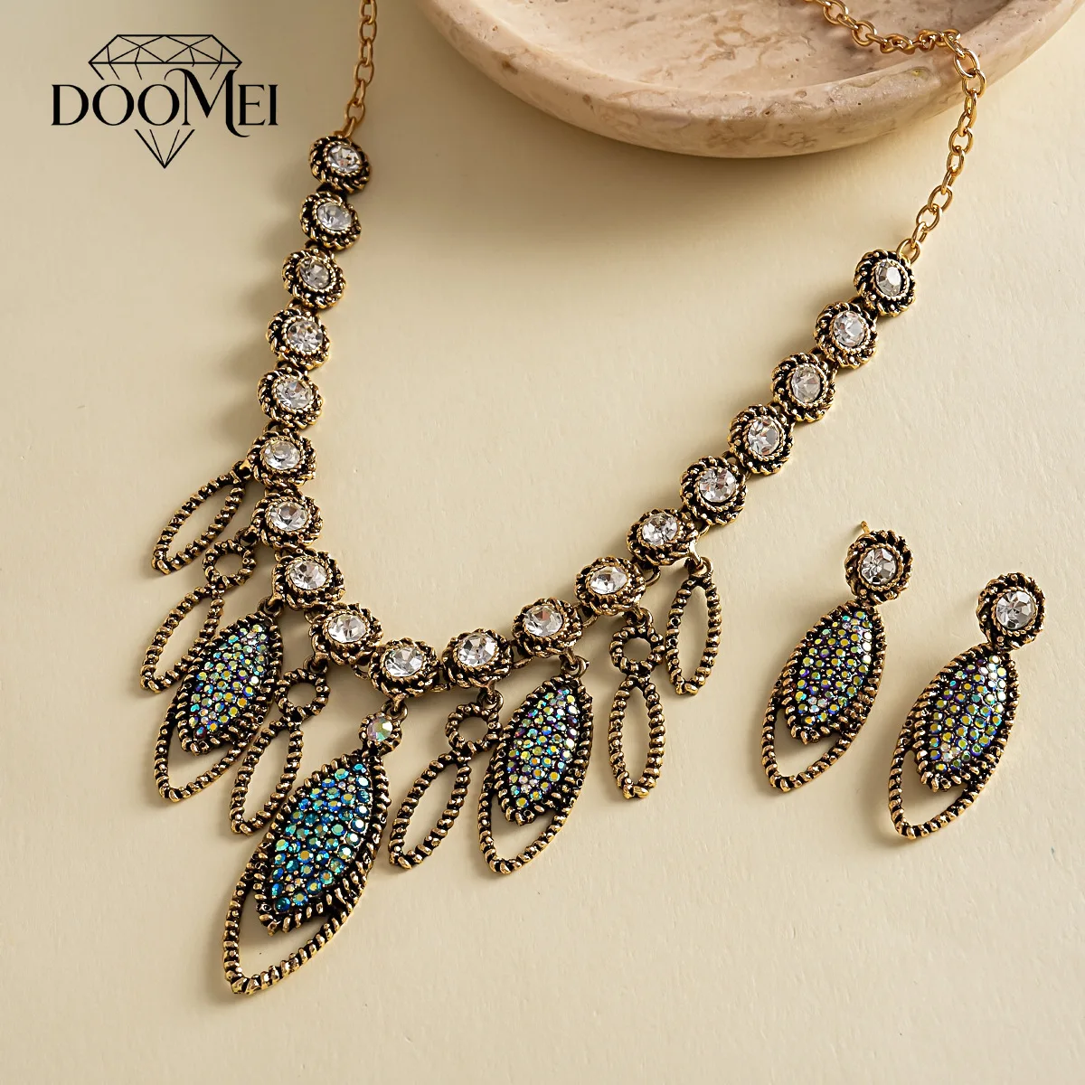 DOO MEI Vintage Rhinestone Jewelry Set for Women Plated Crystal Necklace and Earrings Wedding Banquet Party Fashion Ornaments