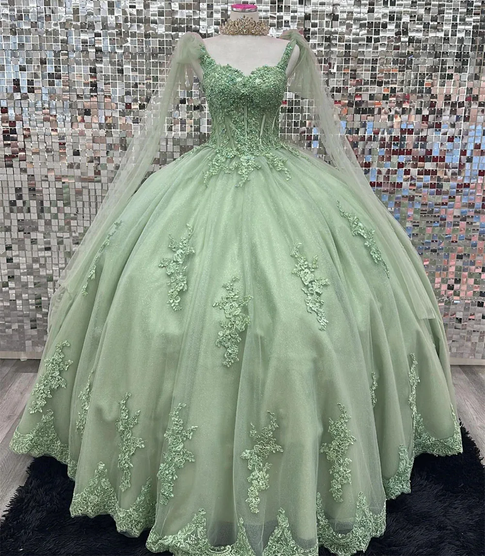 Salbei grün Quince anera Kleider Ballkleid Spagheti Träger Tüll Applikationen süß 16 Kleider 15años mexikanisch