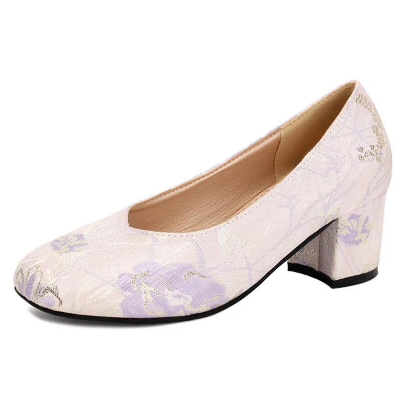 Women's High Heels Pumps Shoes Big Size 45 Fashion Square toe Silk Flower Block Heeled Wedding Dress Party Shoes Lady Autumn