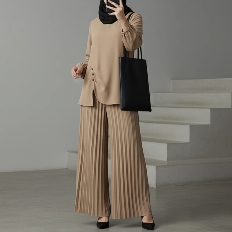 ZANZEA Modest 2-teiliges Hosen-Set für Damen, muslimische Hijabs, asymmetrischer Saum, Bluse und plissierte Hosenanzüge mit weitem Bein, islamische Kleidung, 3XL