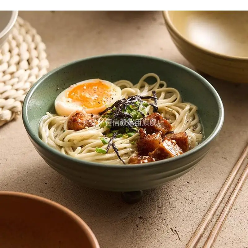 Screw Thread Ceramic Three Legged Bowl Dessert Thick Soup Pasta Bowls Fruit Salad Special Tableware