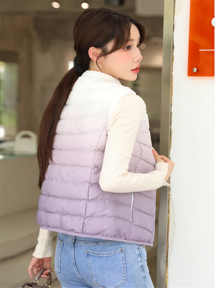 Autumn Winter Warm Gradient Down Waistcoat Jacket Women Ultra Light White Duck Down Vest Lady Short Sleeveless Bigsize Tank Coat