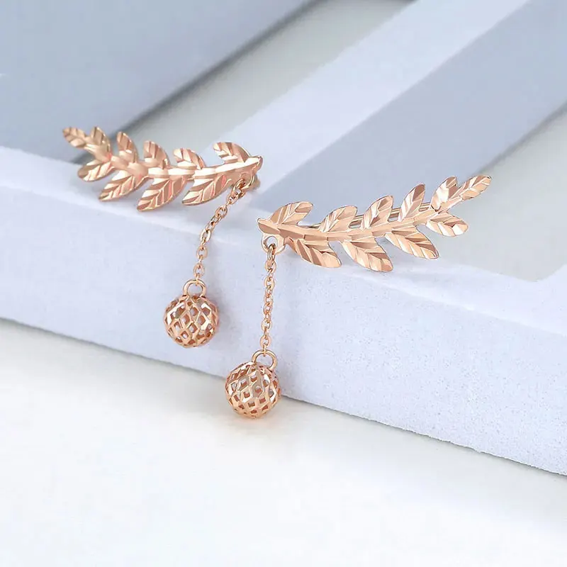 585 purple gold romantic foliage ear studs 14K rose gold geometric round bead sweet drop earrings for women wedding high jewelry