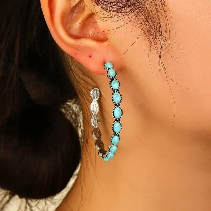 Western Jewelry Bohemian Vintage Simulated Turquoise C-Shaped Large Circle Earrings For Women Girls