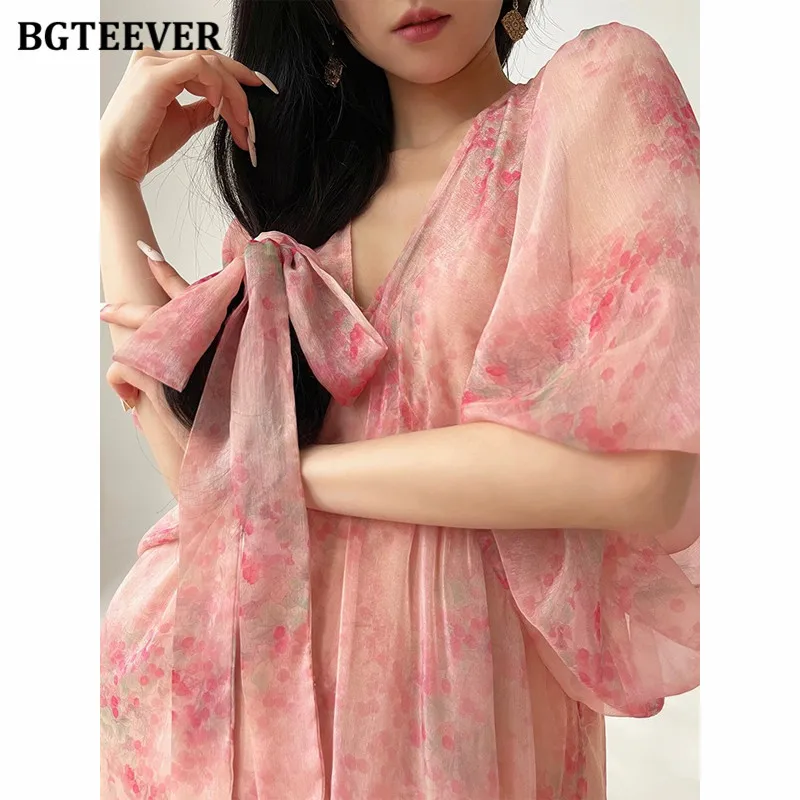 BGTEEVER Elegant V-neck Loose Women Floral Dress Summer Puff Sleeve Female A-line Dress Summer Ladies Vestidos