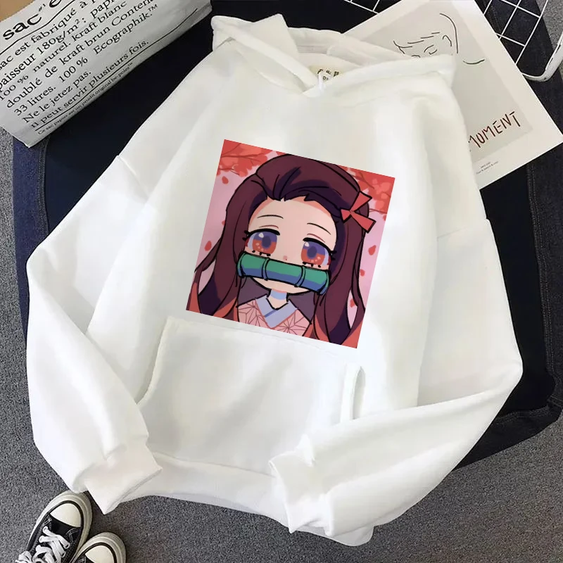 Japan Anime Demon Slayer Hoodies Women Japanese Y2k Casual Hooded Sweatshirt Harajuku Cartoon Manga White Khaki Pullovers Winter