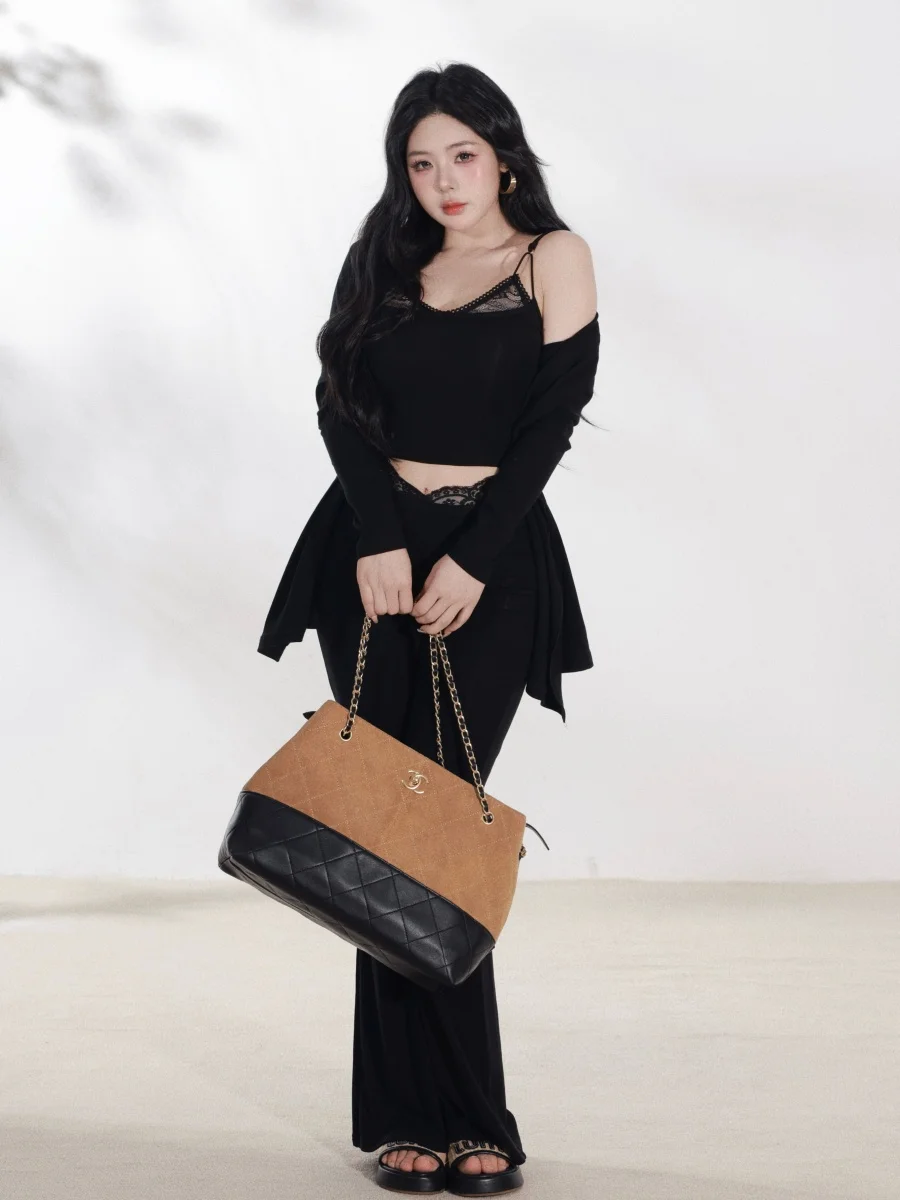 

Модный женский комплект: кардиган с открытыми плечами и длинными рукавами, универсальный, весенний, с принтом Cute Face Hero Lazy Formula 90 Lenzing, расклешенные брюки на бретелях