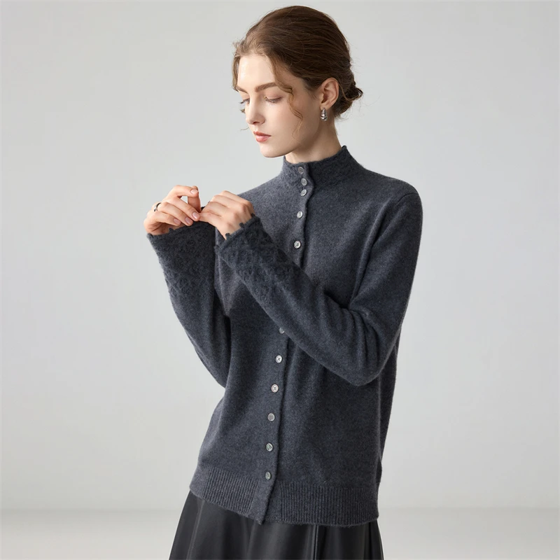 Women's 100% Pure Cashmere Knit Sweater, Crewneck Long Sleeve Casual Layering Thick Jacket with Cable Knitting at the Collar and